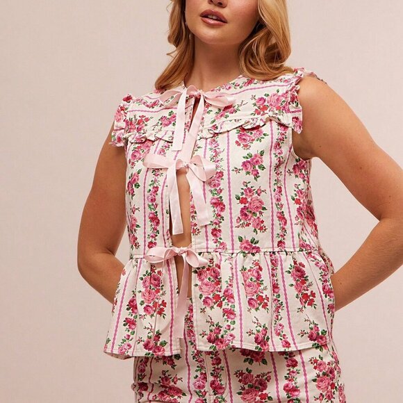 Boho Women's ditsy Floral Stripe Tie Front Tiered Ruffle Peplum Sl - Picture 5 of 5